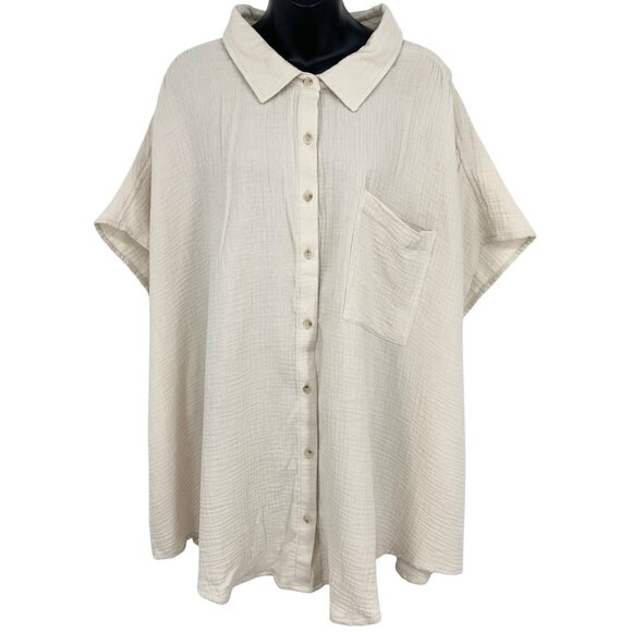 Torrid Plus 5 5X Cotton Gauze Dolman Short Sleeve Shirt Button Down Beige New - Picture 1 of 8